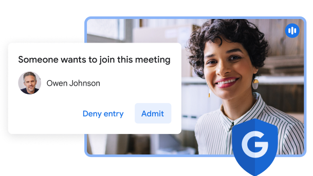 Uma IU do Google Meet que mostra uma caixa de pop-up com a mensagem "Alguém quer participar nesta reunião" e as opções "Recusar pedido" ou "Aceitar".