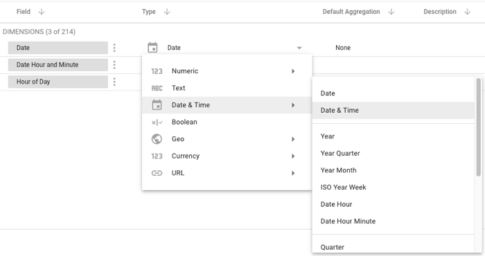 A user selects the Date dimension Type drop-down menu on the Edit connection panel to display the available Date & Time timeframe options for the Date dimension. 