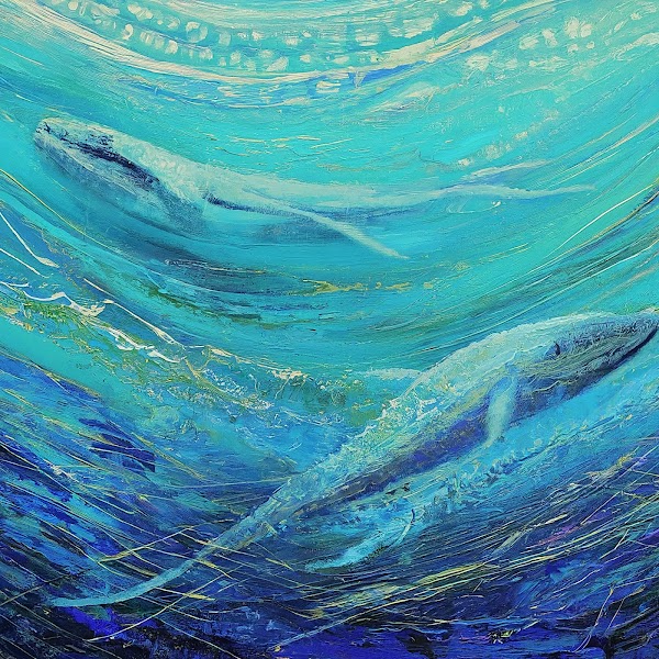 Painting of green, blue waters with shapes of whales visible