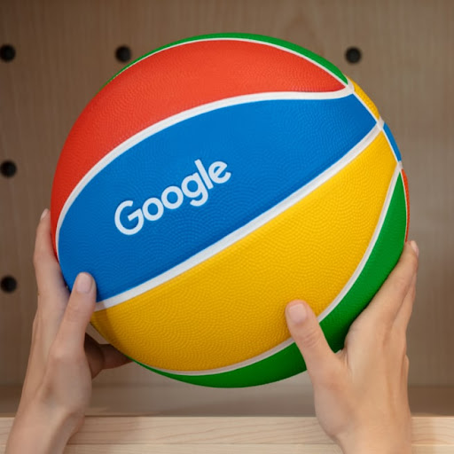 A person holds a Google-colored basketball.