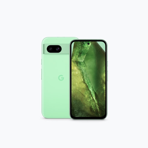 The front and back of Pixel 8a in Aloe. The front display shows a green mineral.