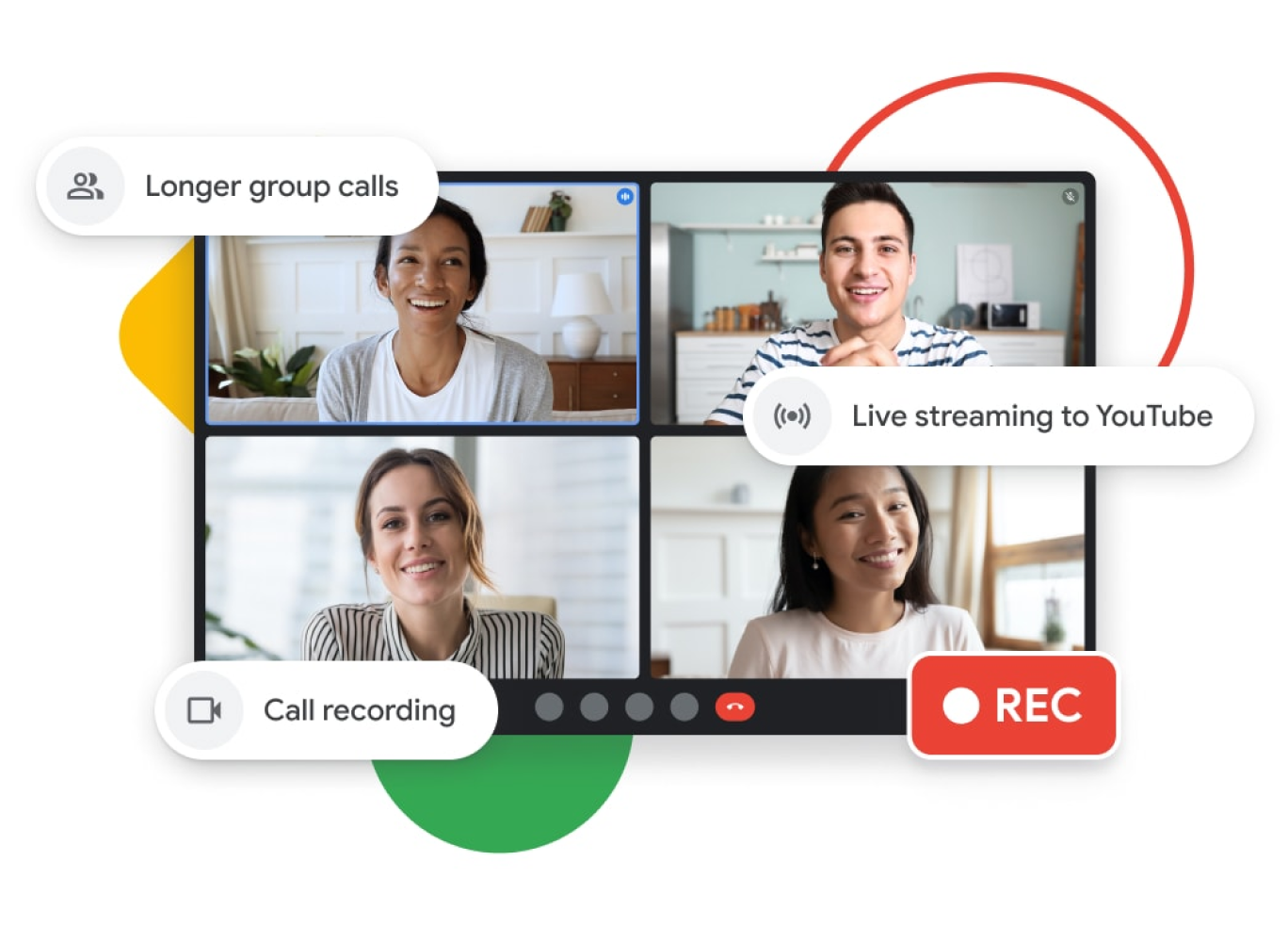 Kuva Google Meet ‑puhelusta, joka tukee pidempiä ryhmäpuheluita, YouTube-livestriimausta ja puheluiden tallennusta.