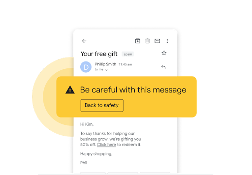 E-mail z żółtym komunikatem ostrzegawczym