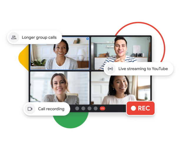 Grafisk illustration av ett Google Meet-samtal med längre gruppsamtal, livestreaming till YouTube och funktioner för inspelning av samtal.
