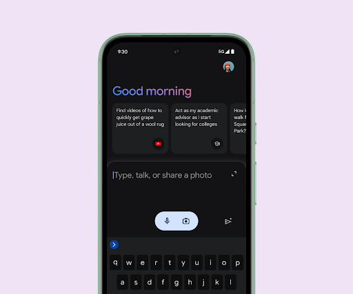 Gemini on a Pixel 8a greets the user with a "Good morning." The user can type, talk, or upload an image to interact with Gemini.