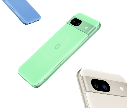 Pixel 8a phones in Bay, Aloe, and Porcelain color cascade across the screen.
