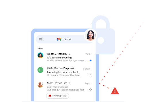 Główna skrzynka odbiorcza Gmaila z oddzielną ikoną ostrzeżenia dotyczącego witryny