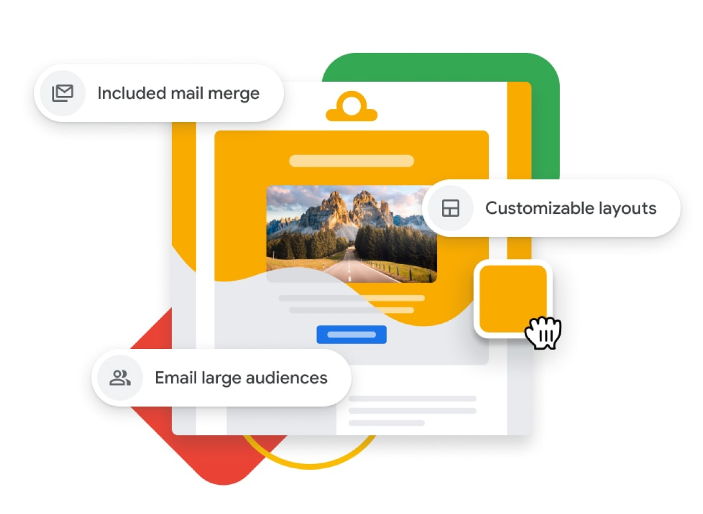 Grafisk illustration av en kampanj med anpassade e-postmeddelanden dra och släpp-verktyg, e-postkoppling och stöd för stora målgrupper. 