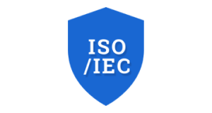 Logo s písmeny ISO a IEC na modrém štítu