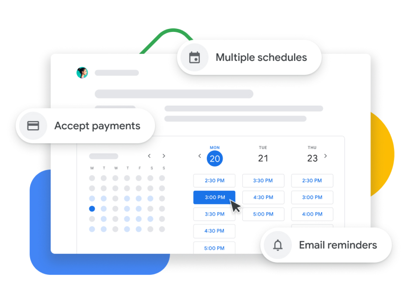 Google 日曆和預約時間表的圖像，顯示使用者可以接受付款、與客戶確認預約時段及傳送電子郵件提醒。
