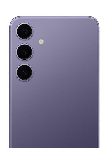 The back of the Samsung Galaxy S24+ in cobalt violet sitting on a light purple background. The cameras are the main feature being shown off. This phone is available for order.