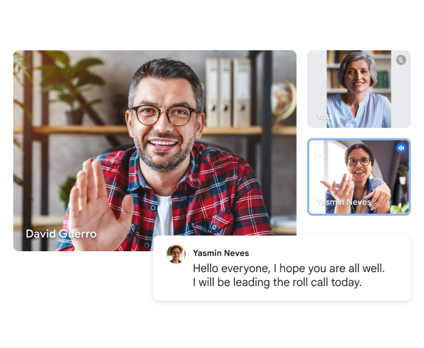 Videochamada do Google Meet mostrando três usuários com uma transcrição instantânea da fala da participante: "Oi, pessoal. Espero que vocês estejam bem. Eu vou liderar nossa reunião hoje." 

