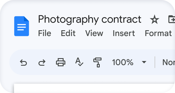 Google-dokumentti, jonka nimi on "Photography contract" (Valokuvaussopimus) 