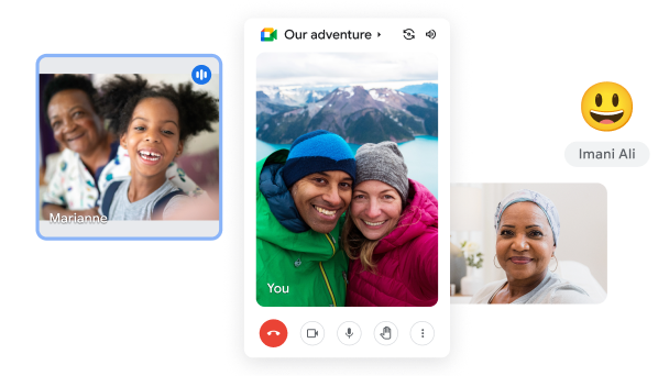 Google Meet のビデオ通話で、カップルが屋外の美しい山を背景に他のユーザーと会話している。