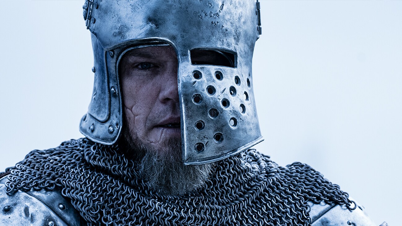 Jean de Carrouges (actor Matt Damon) in medieval armor from the 20th Century Studios movie The Last Duel.