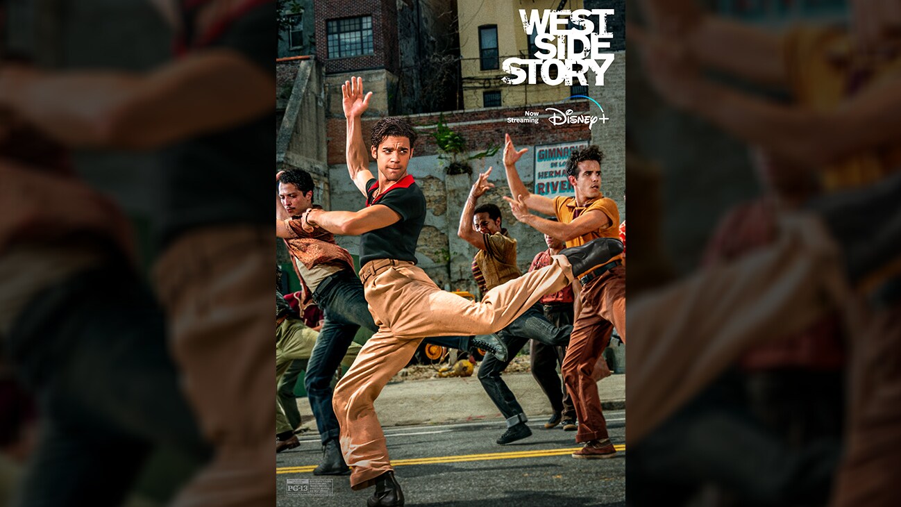 Movie poster image of the Sharks dancing in the street from the 20th Century Studios movie "West Side Story", now streaming on Disney+. Rated PG-13.