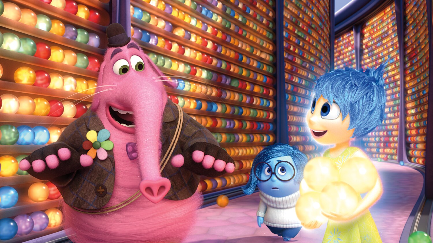 Actors Richard Kind as Bing Bong, Phyllis Smith as Sadness, and Amy Poehler as Joy in the movie Inside Out