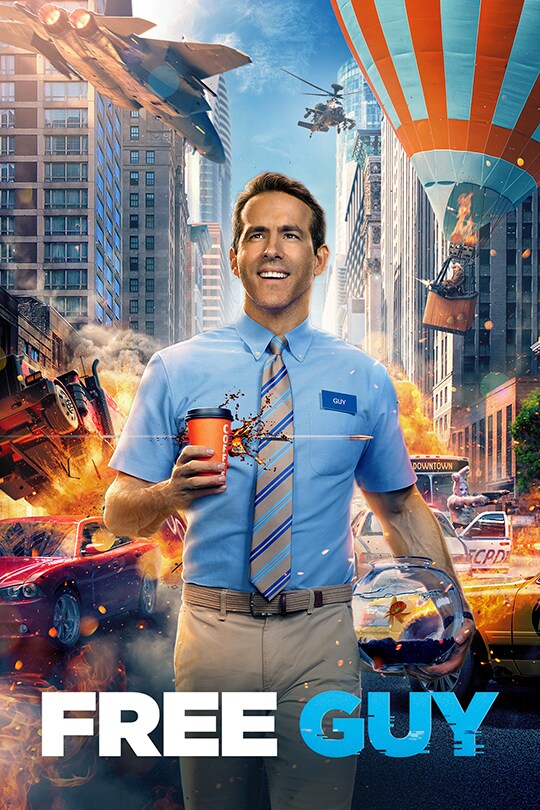 Guy (Ryan Reynolds) smiling holding a coffee cup in one hand and and a goldfish bowl in the other. There is a hot air balloon, a jet, and a helicopter in a chaotic scene behind him. From the 20the Century Studios movie Free Guy | movie poster