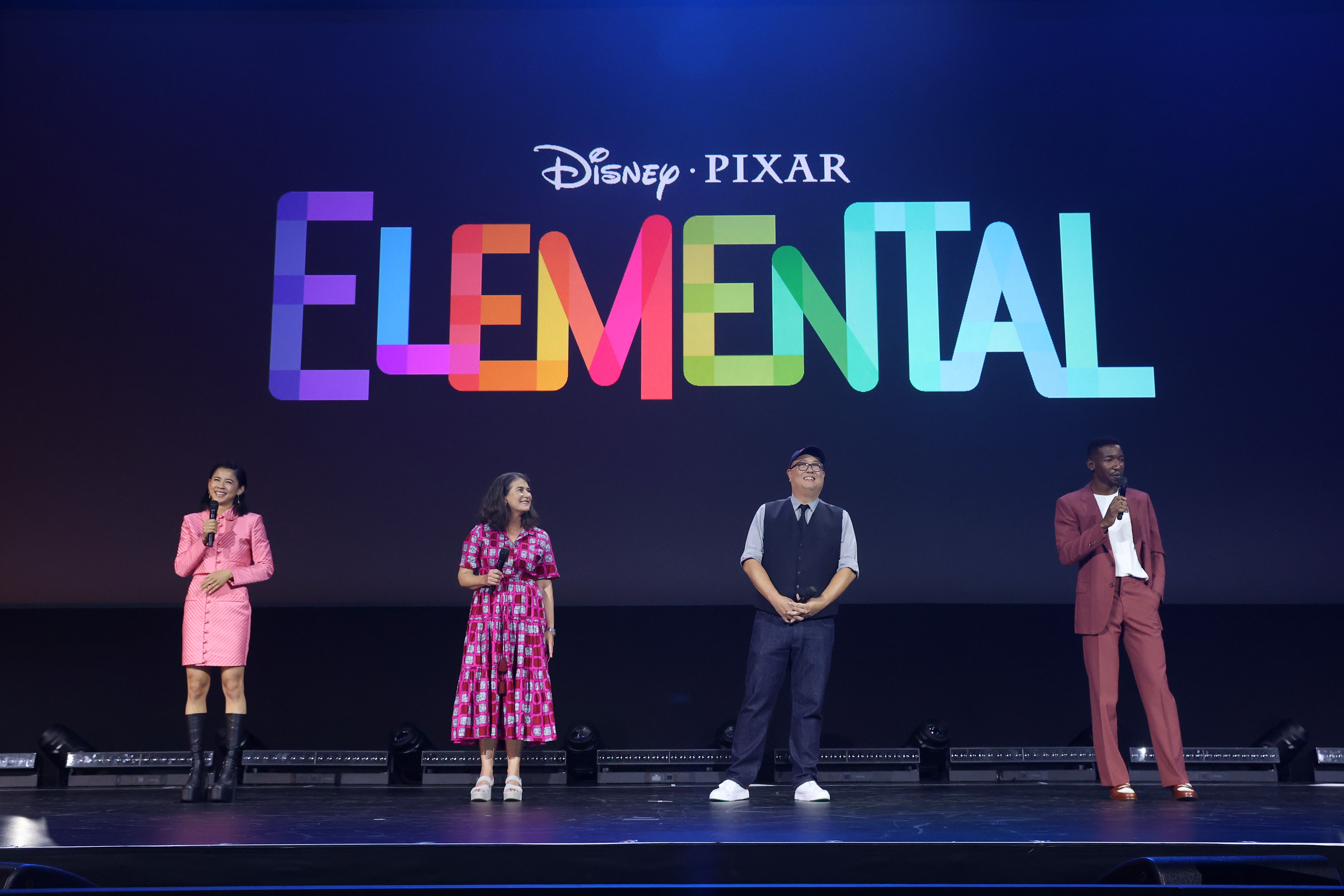 Denise Ream, Peter Sohn, Leah Lewis, and Mamoudou Athie at an event for Elemental (2023)