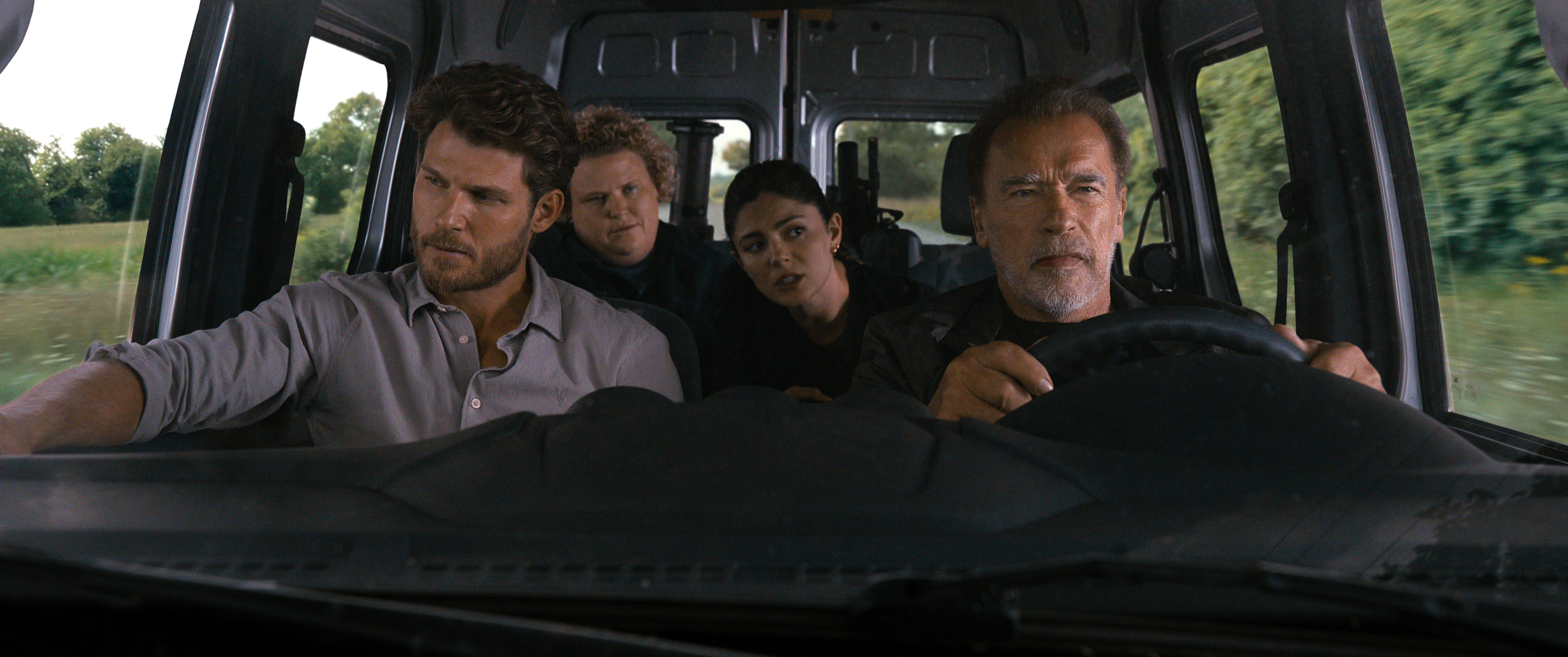 Arnold Schwarzenegger, Travis Van Winkle, Fortune Feimster, and Monica Barbaro in FUBAR (2023)