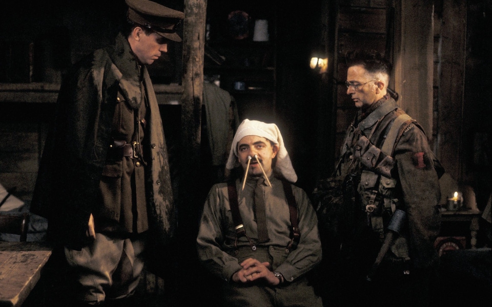 Rowan Atkinson, Hugh Laurie, and Tony Robinson in Blackadder Goes Forth (1989)