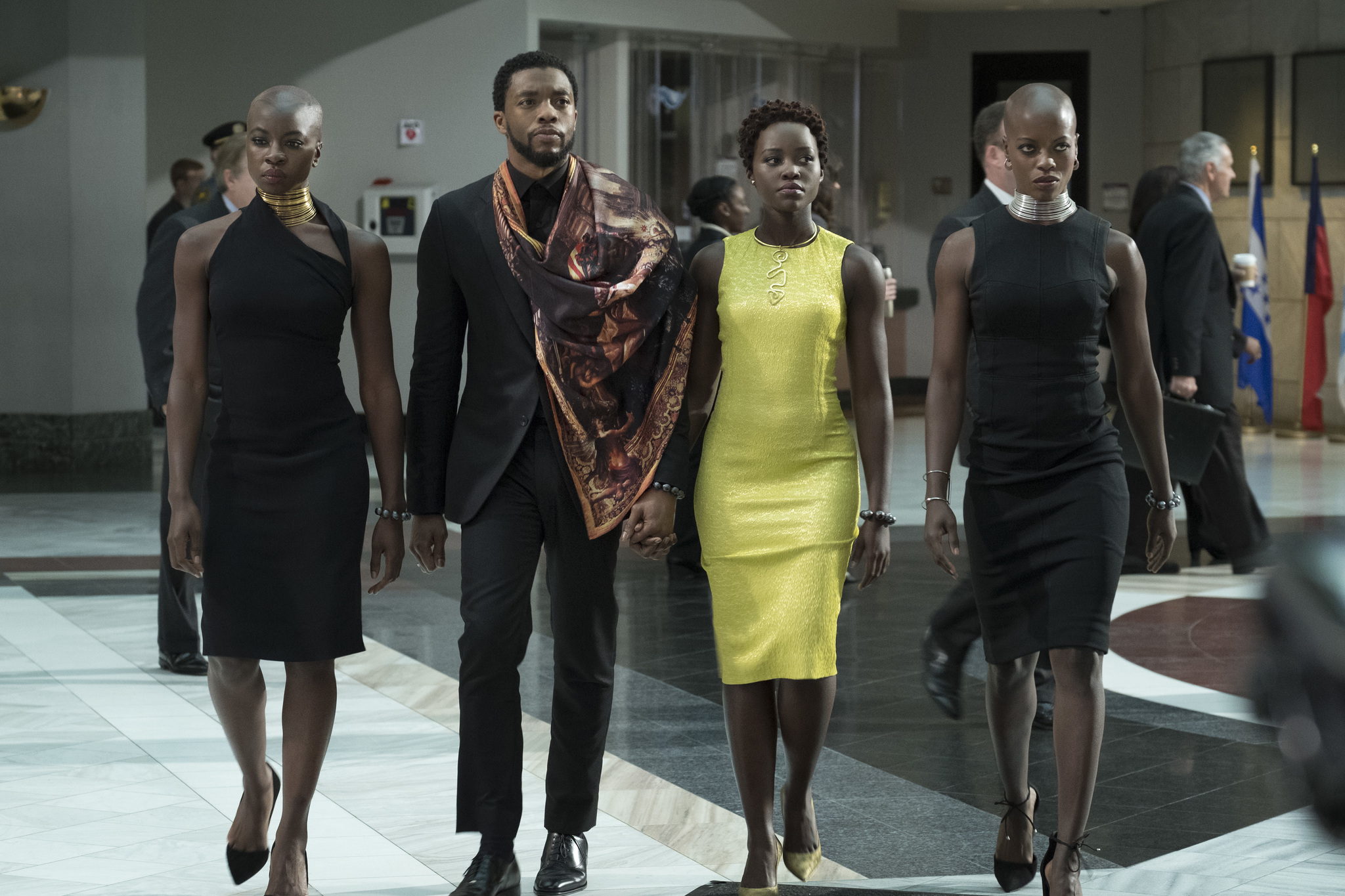 Florence Kasumba, Chadwick Boseman, Danai Gurira, and Lupita Nyong'o in Black Panther (2018)