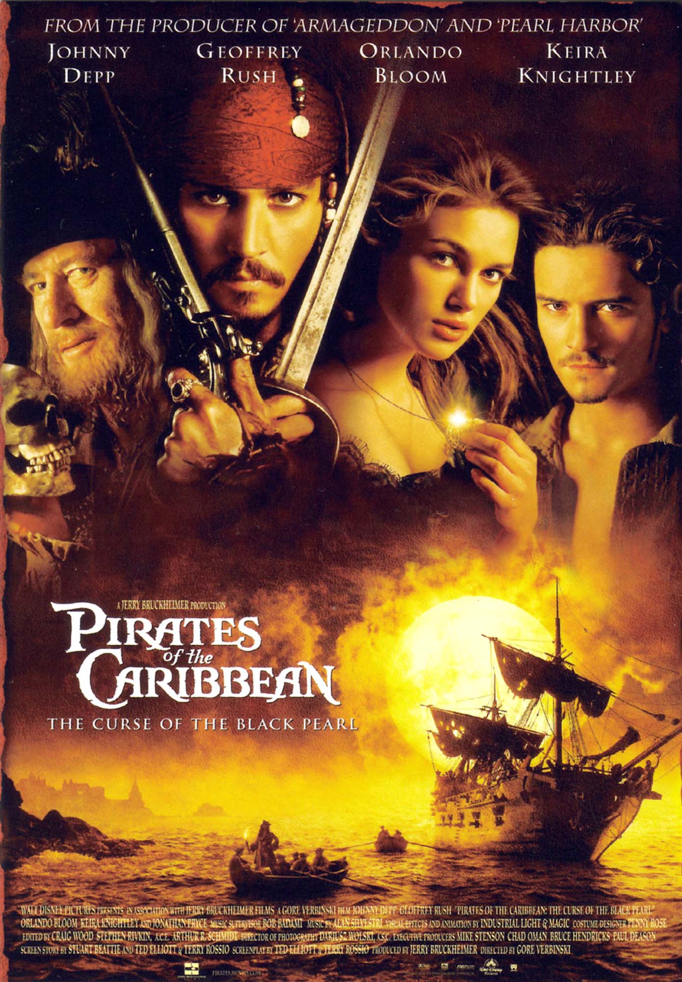 Johnny Depp, Geoffrey Rush, Orlando Bloom, and Keira Knightley in Pirates of the Caribbean: The Curse of the Black Pearl (2003)