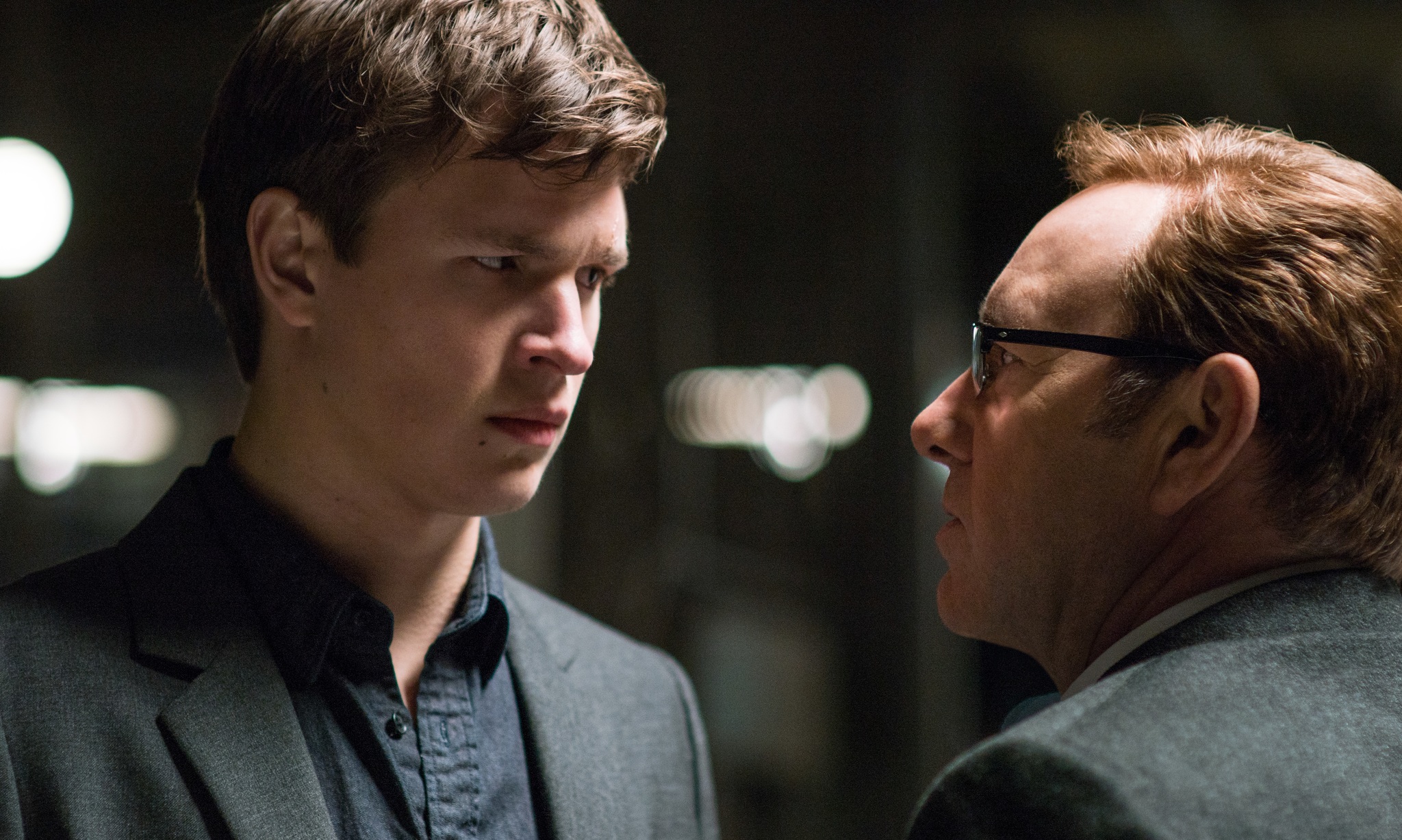 Kevin Spacey and Ansel Elgort in Baby Driver (2017)