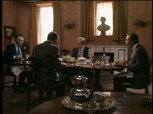 Antony Carrick, Paul Eddington, Derek Fowlds, and Denis Lill in Yes, Prime Minister (1986)