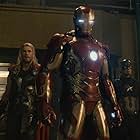 Robert Downey Jr., Chris Evans, and Chris Hemsworth in Avengers: Age of Ultron (2015)