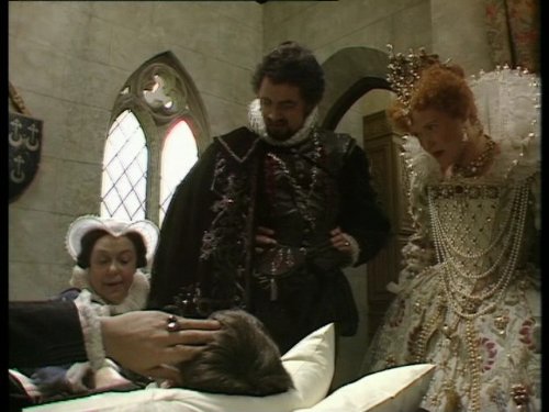 Rowan Atkinson, Stephen Fry, Miranda Richardson, and Patsy Byrne in Blackadder II (1986)