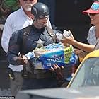 Handing out water to background on the set of Captain America: Civil War