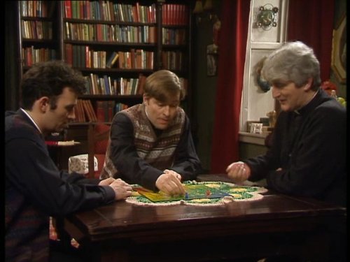 Dermot Morgan, Ardal O'Hanlon, and Tommy Tiernan in Father Ted (1995)