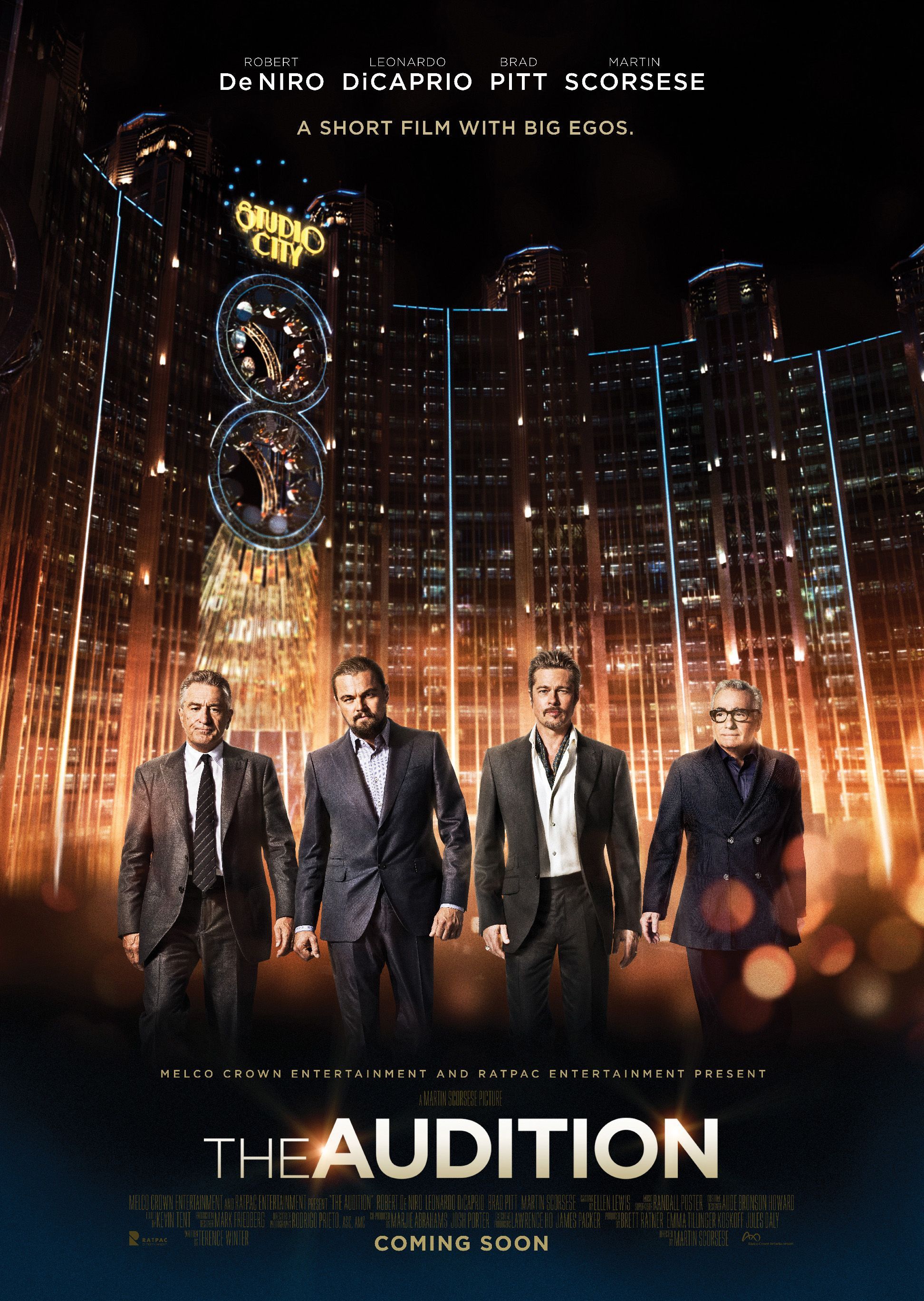 Brad Pitt, Robert De Niro, Leonardo DiCaprio, and Martin Scorsese in The Audition (2015)