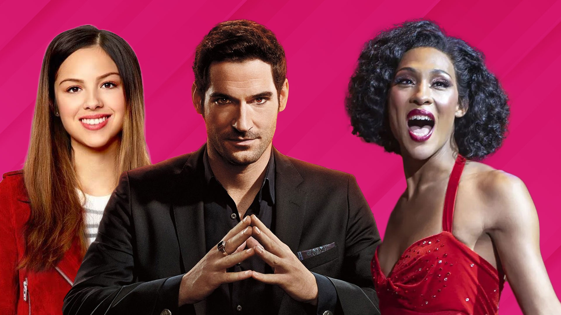 Tom Ellis, Michaela Jaé (MJ) Rodriguez, and Olivia Rodrigo in What to Watch (2020)