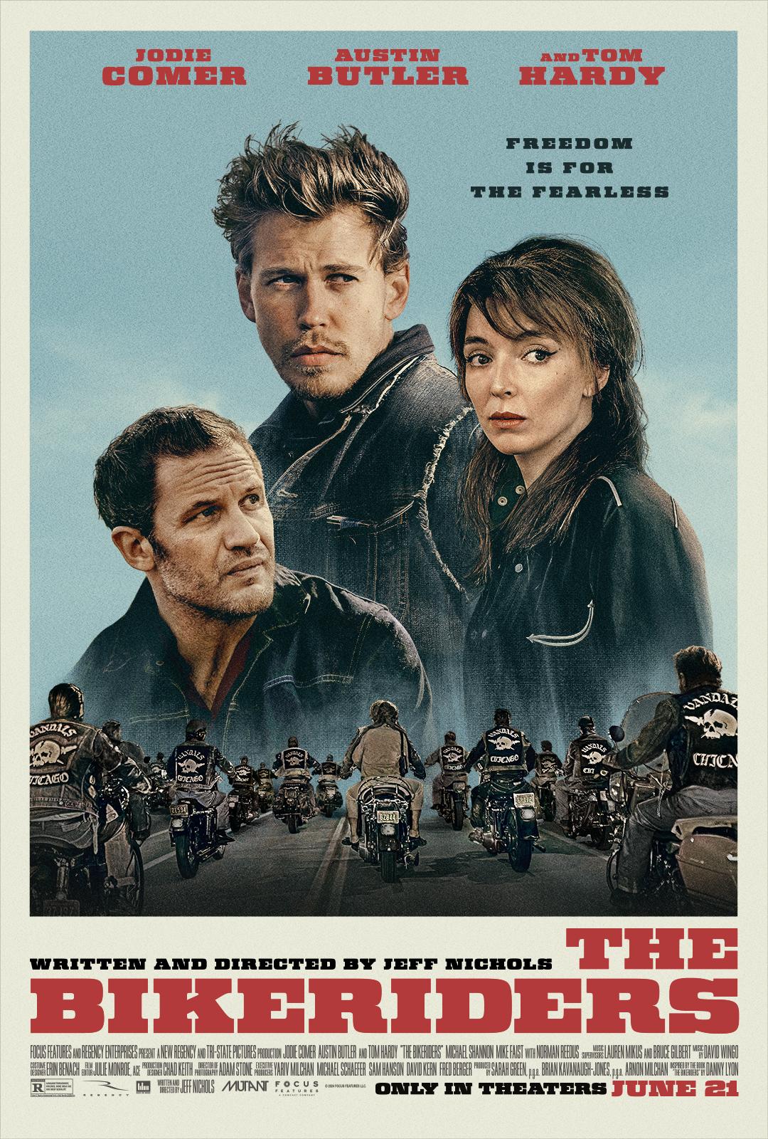 Tom Hardy, Austin Butler, and Jodie Comer in The Bikeriders (2023)