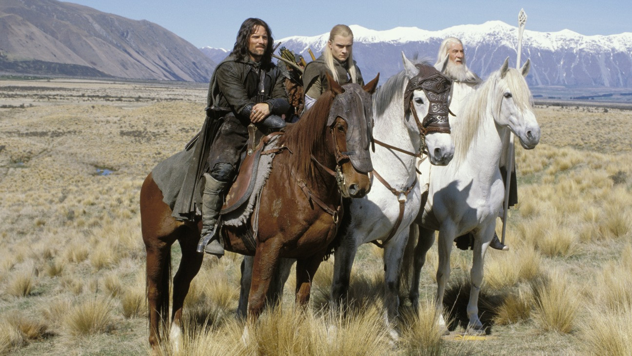 Viggo Mortensen, Ian McKellen, Orlando Bloom, and John Rhys-Davies in The Lord of the Rings: The Two Towers (2002)
