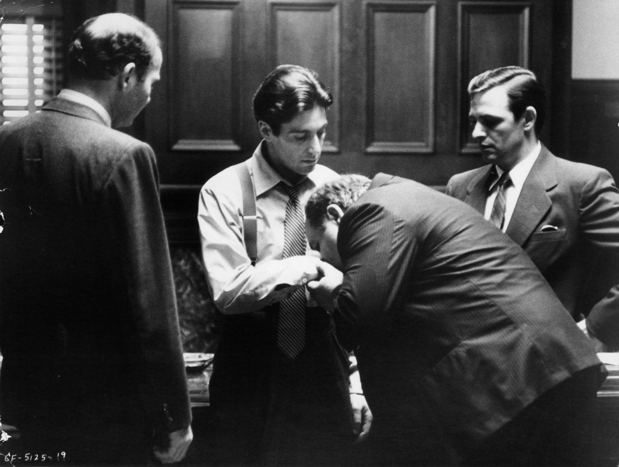 Al Pacino, Richard Bright, Richard S. Castellano, and Tom Rosqui in The Godfather (1972)