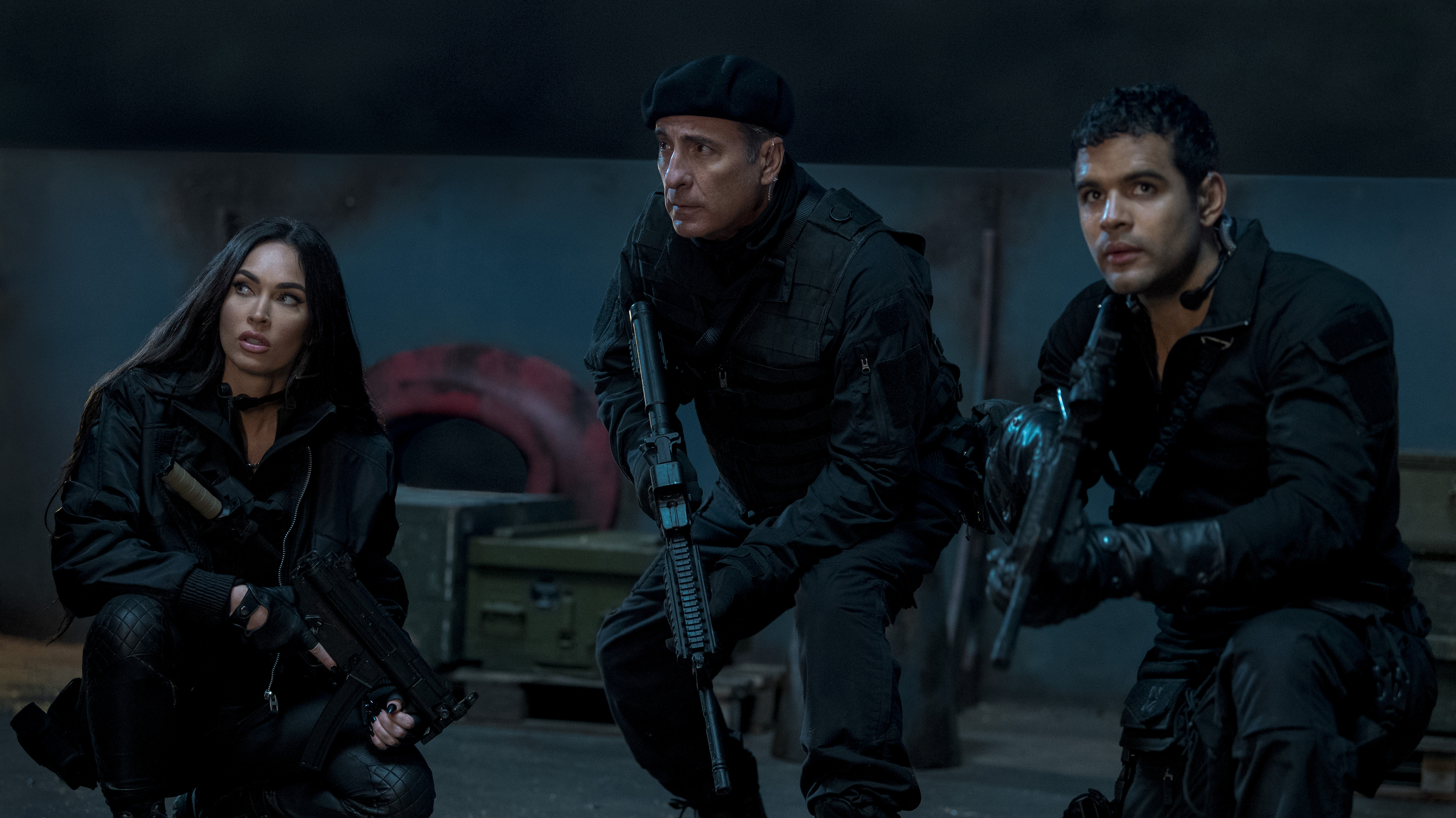 Andy Garcia, Jacob Scipio, and Megan Fox in The Expendables 4 (2023)