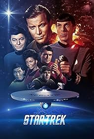 Walter Koenig, Leonard Nimoy, William Shatner, James Doohan, DeForest Kelley, George Takei, and Nichelle Nichols in Star Trek (1966)