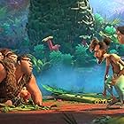 Nicolas Cage, Catherine Keener, Cloris Leachman, Leslie Mann, Peter Dinklage, Clark Duke, Kailey Crawford, and Emma Stone in The Croods: A New Age (2020)