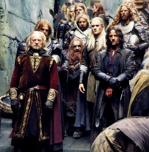 Viggo Mortensen, Orlando Bloom, Bernard Hill, Bruce Hopkins, and John Rhys-Davies in The Lord of the Rings: The Two Towers (2002)