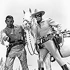 Clayton Moore, Jay Silverheels, and Silver in The Lone Ranger (1949)