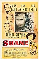 Alan Ladd, Jean Arthur, Brandon De Wilde, Van Heflin, Jack Palance, and Ben Johnson in Shane (1953)