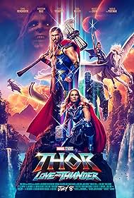 Russell Crowe, Natalie Portman, Christian Bale, Taika Waititi, Chris Hemsworth, and Tessa Thompson in Thor: Love and Thunder (2022)