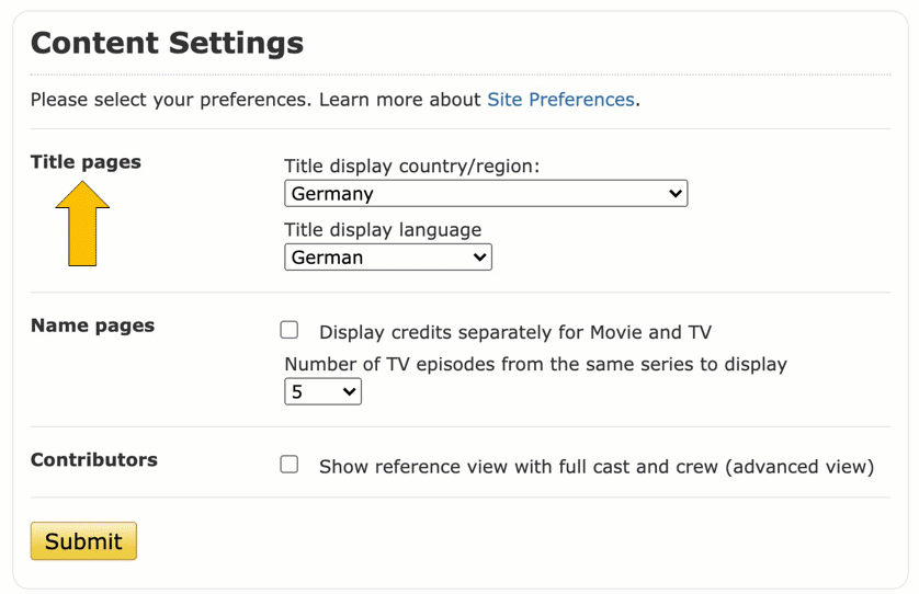 Beispiel für IMDb-Inhaltseinstellungen
