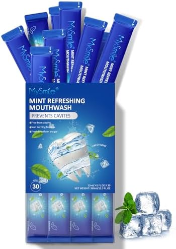 MySmile Mouthwash Alcohol Free, Mouth Wash for Adults, Travel Mouthwash Helps Kill 99% of Bad Breath Germs, Prevents Cavities, Fluoride Free, Fresh Mint, 30 Uses (0.41 Fl Oz (Pack of 30))
