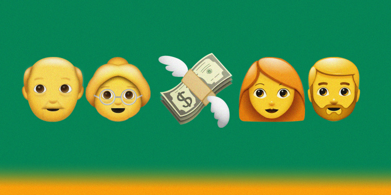 Emojis of an elderly man and woman with a stack of money flying toward emojis of a young woman and man.