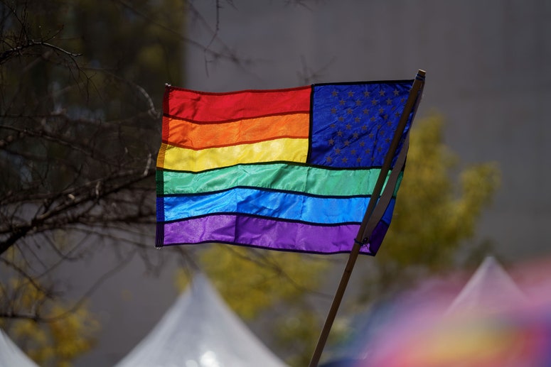 A rainbow pride flag during the Drag March LA protest in West Hollywood, California, US, on Sunday, April 9, 2023. 