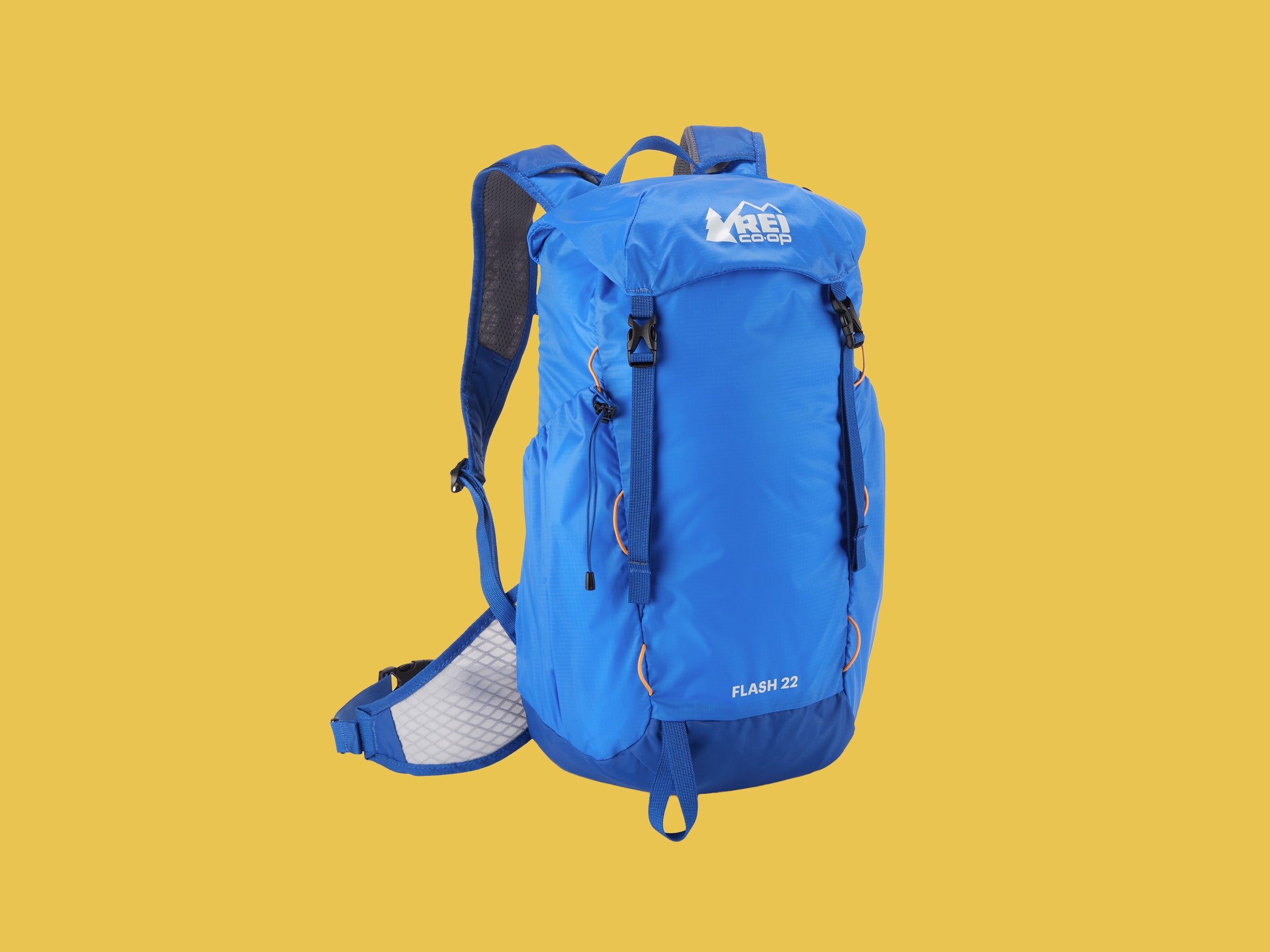 Tall blue backpack with 2 shoulder straps and a waist strap. Yellow background.